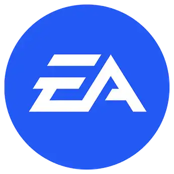 Az Electronic Arts (EA) logója fehér betűkkel kék, kör alakú háttér előtt.