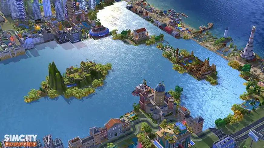 Vízparti város szigetekkel és épületekkel egy SimCity építős szimulációban.