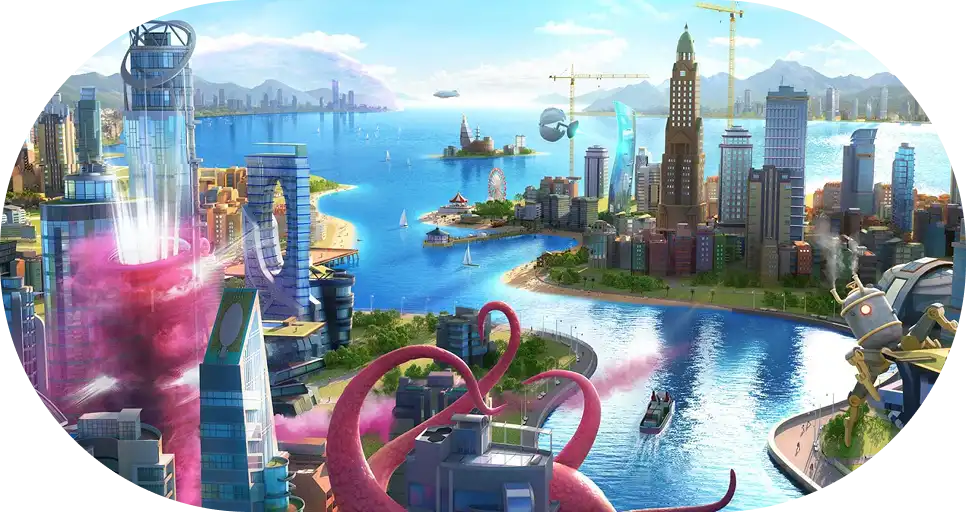 Futurisztikus vízparti város felhőkarcolókkal, hajókkal és színes effektekkel, SimCity-stílusban.