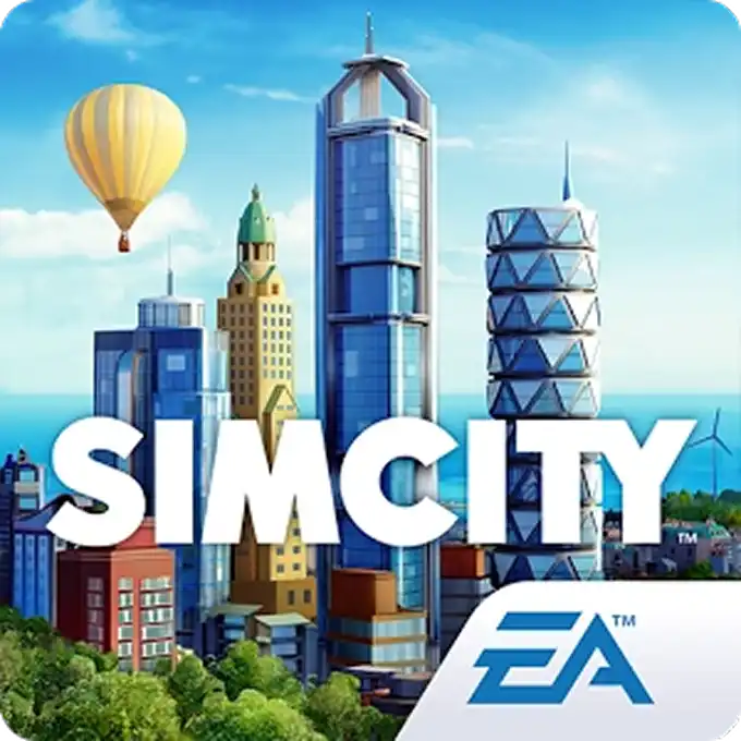 A SimCity játék hivatalos borítója, modern felhőkarcolókkal és az EA logóval.