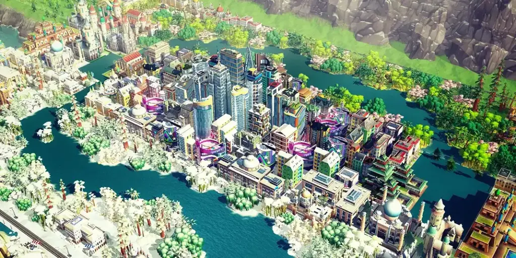Egy színes város madártávlatból, SimCity-stílusú épületekkel, folyókkal és parkokkal.