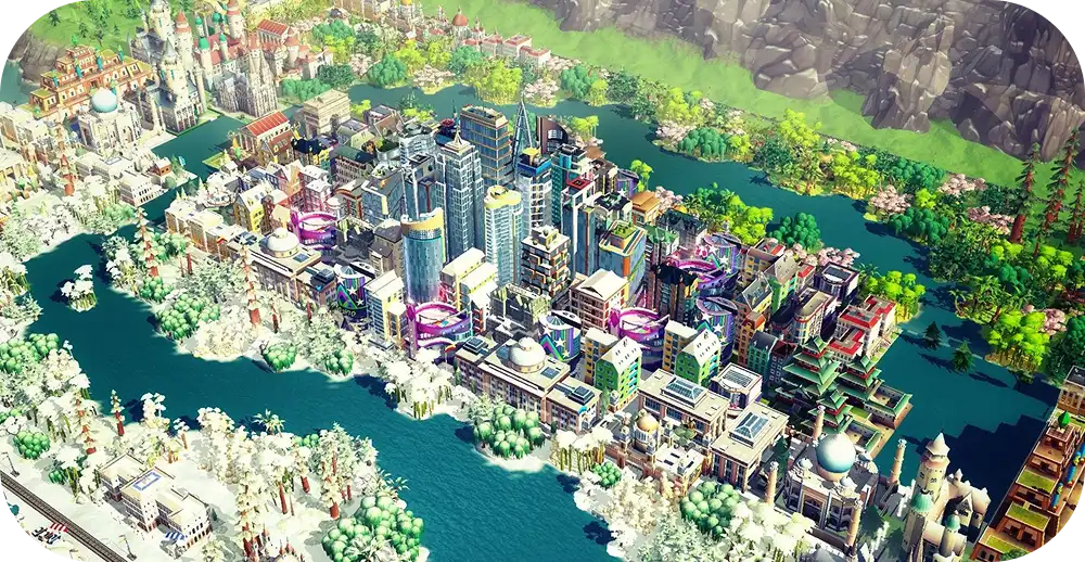 Egy színes város madártávlatból, SimCity-stílusú épületekkel, folyókkal és parkokkal.