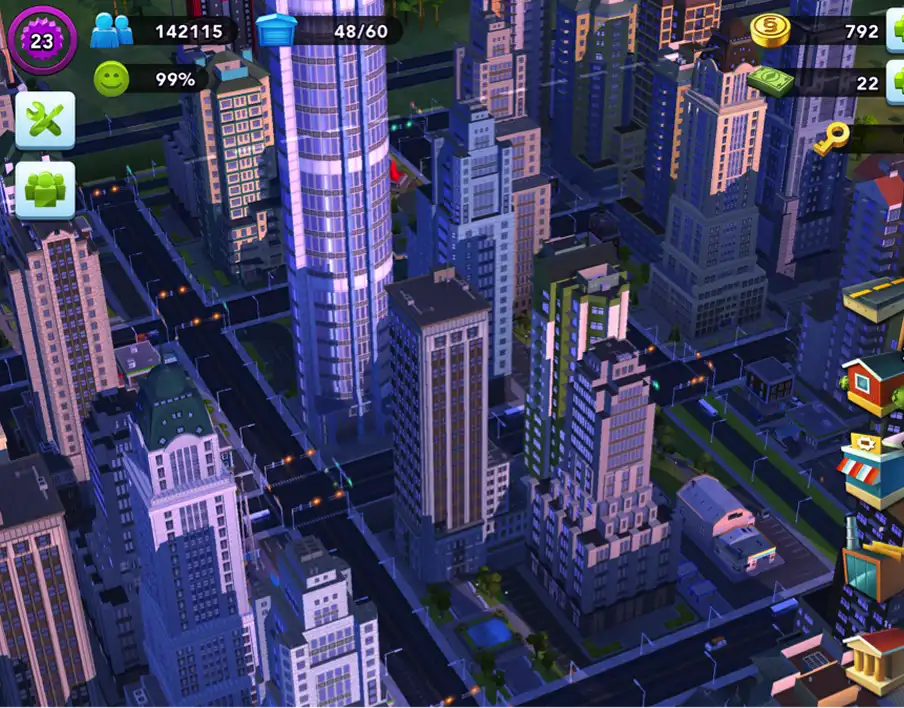 Felülnézetből látható, felhőkarcolókkal és utcákkal teli modern város egy SimCity játék felületén.