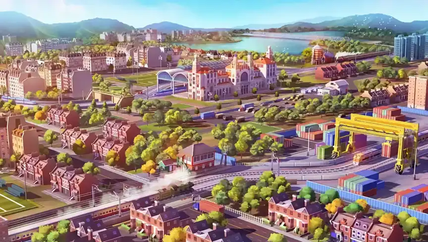 Városfejlesztés utakkal, vonatokkal és épületekkel egy SimCity-szerű környezetben.